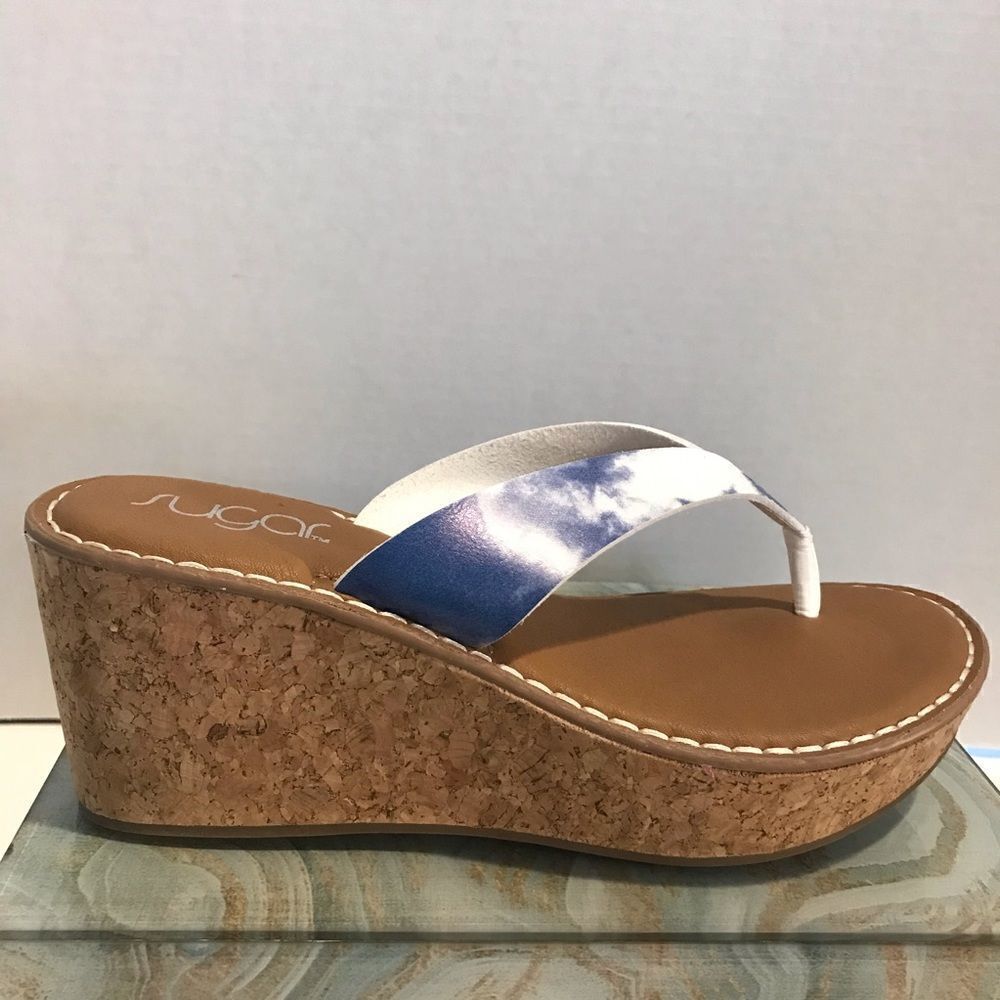 Sugar Sandals Women's Size 8 Blue Tie-Dye Cork Wedge Open-Toe NIB - Picture 8 of 12